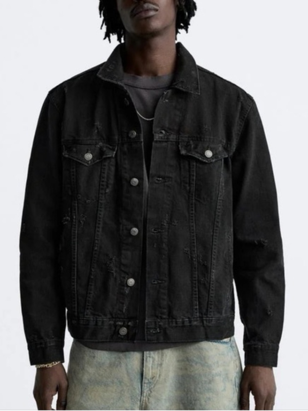 Zara Black Distressed Denim Jacket